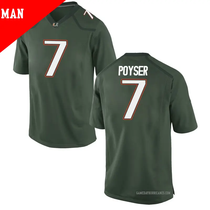 Men's #7 Zechariah Poyser Miami Hurricanes Game Green Alternate College Jersey Men's #7 Zechariah Poyser Miami Hurricanes Game Green Alternate College Jersey