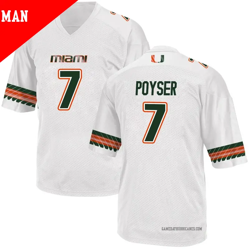 Men's #7 Zechariah Poyser Miami Hurricanes Game White Alternate College Jersey Men's #7 Zechariah Poyser Miami Hurricanes Game White Alternate College Jersey