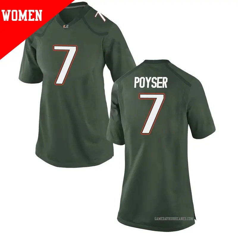 Women's #7 Zechariah Poyser Miami Hurricanes Game Green Alternate College Jersey Women's #7 Zechariah Poyser Miami Hurricanes Game Green Alternate College Jersey