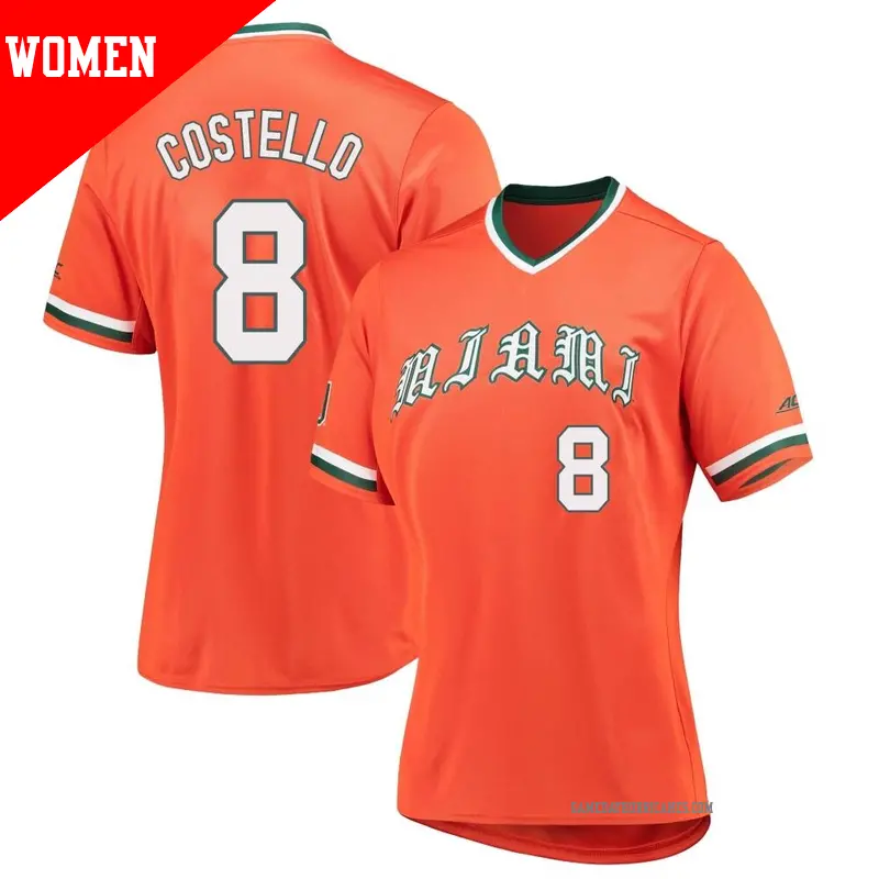 Women's ＃8 Lucas Costello Miami Hurricanes Replica Orange V-Neck Baseball Jersey