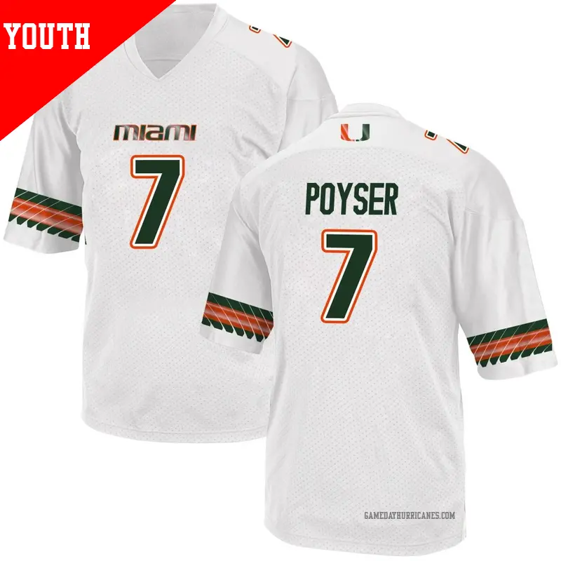 Youth #7 Zechariah Poyser Miami Hurricanes Game White Alternate College Jersey Youth #7 Zechariah Poyser Miami Hurricanes Game White Alternate College Jersey