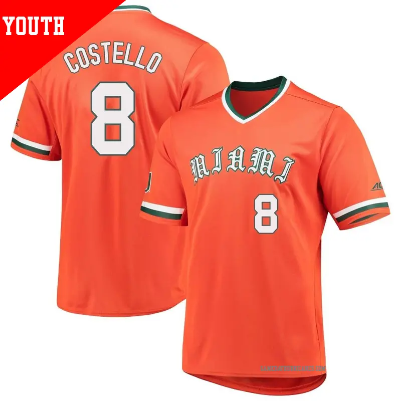 Youth ＃8 Lucas Costello Miami Hurricanes Replica Orange V-Neck Baseball Jersey