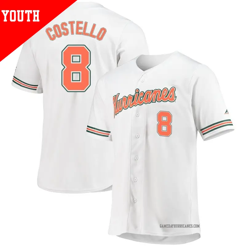 Youth ＃8 Lucas Costello Miami Hurricanes Replica White Full-Button Baseball Jersey